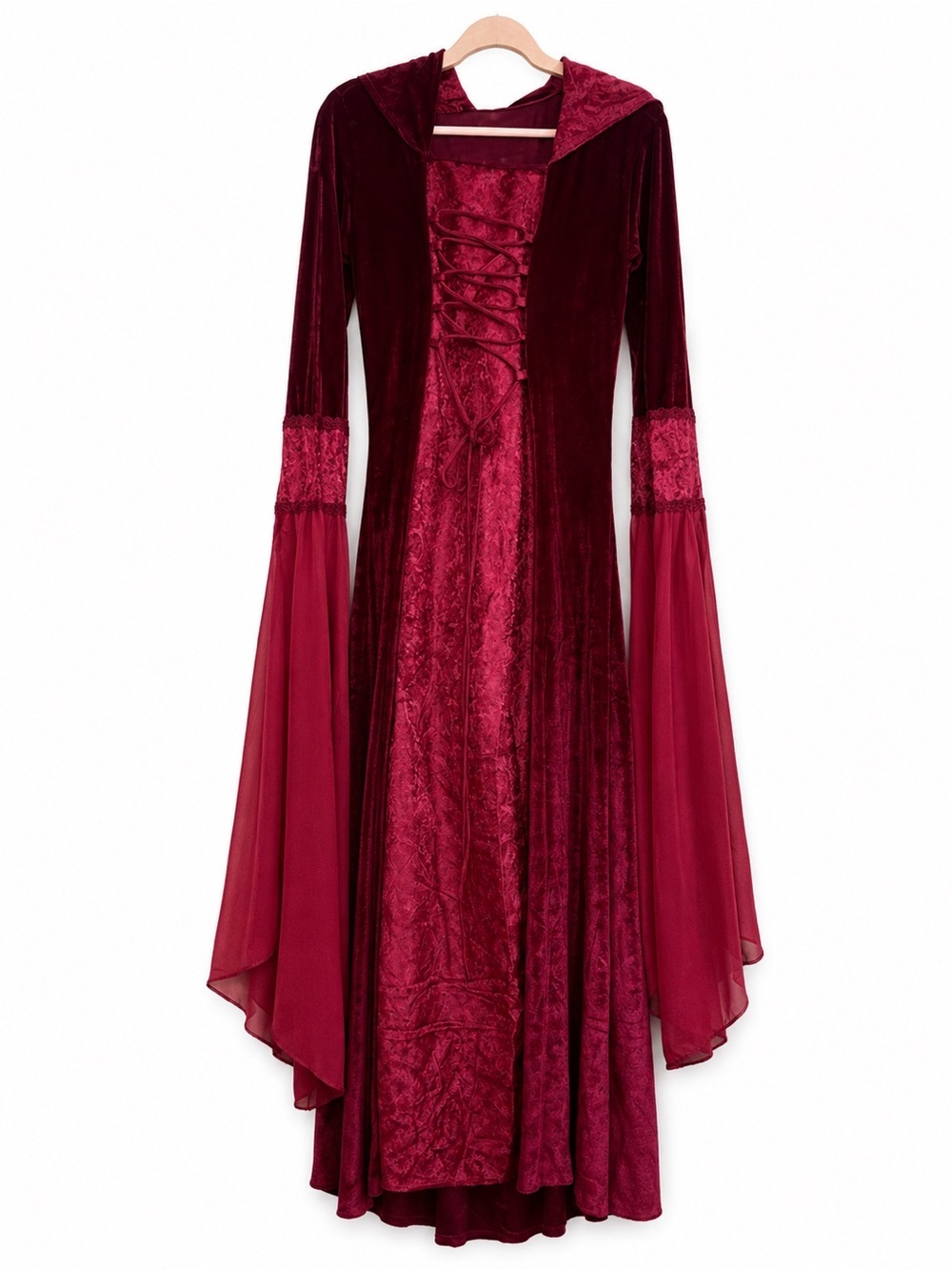 Wine Red Hooded Medieval Gown - Picture 12 of 13